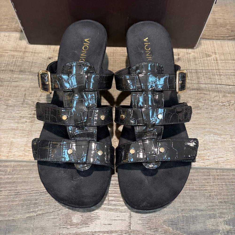 Vionic Park Radia Wedge Sandals Black Crocodile Women's Shoes Sz 9